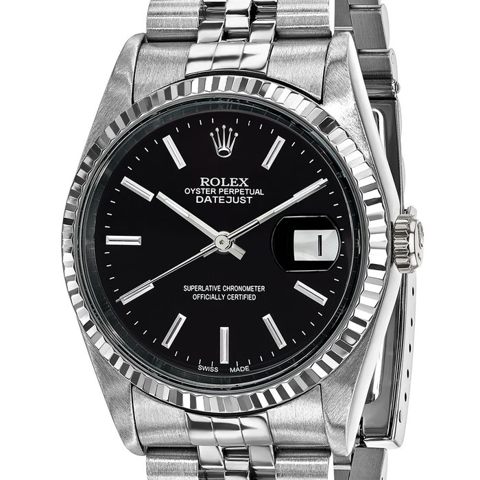 Pre Owned Rolex Steel 36mm Jubilee Datejust Black Dial 18K Fluted Watch