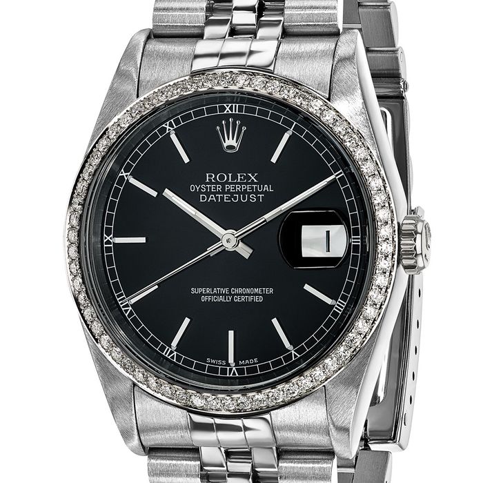 Pre Owned Rolex Steel 36mm Jubilee Datejust Black Dial Diamond Watch