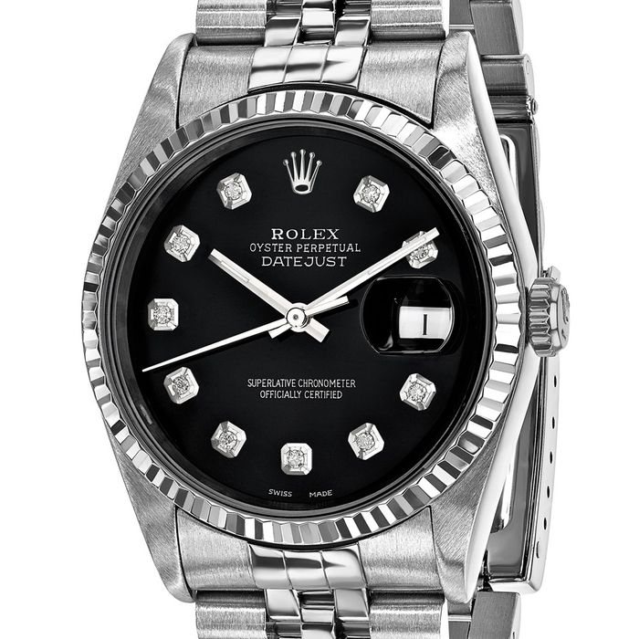 Pre Owned Rolex Steel 36mm Jubilee Datejust Black Diamond Dial 18K Fluted Watch