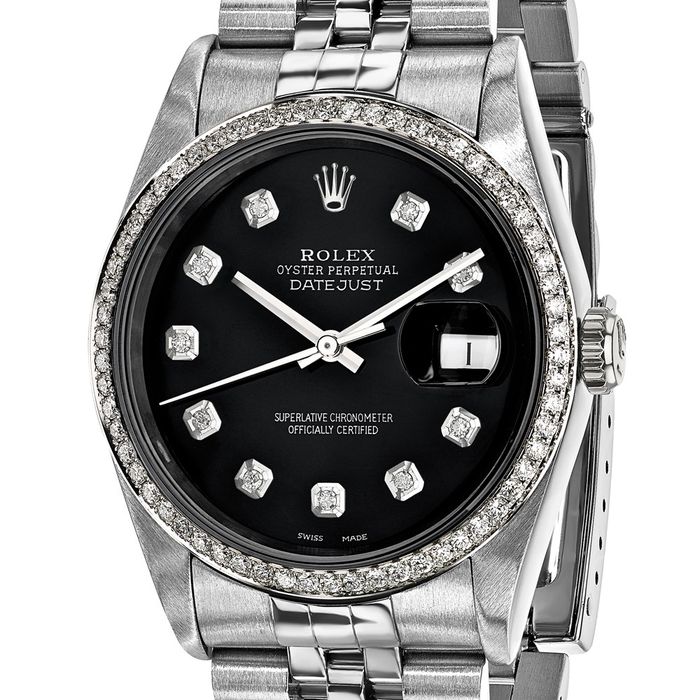 Pre Owned Rolex Steel 36mm Jubilee Datejust Black Diamond Dial Watch