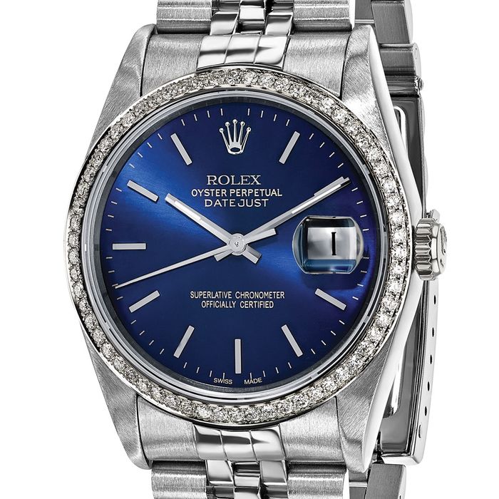 Pre Owned Rolex Steel 36mm Jubilee Datejust Blue Dial Diamond Watch