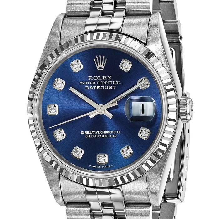 Pre Owned Rolex Steel 36mm Jubilee Datejust Blue Diamond Dial 18K Fluted Watch