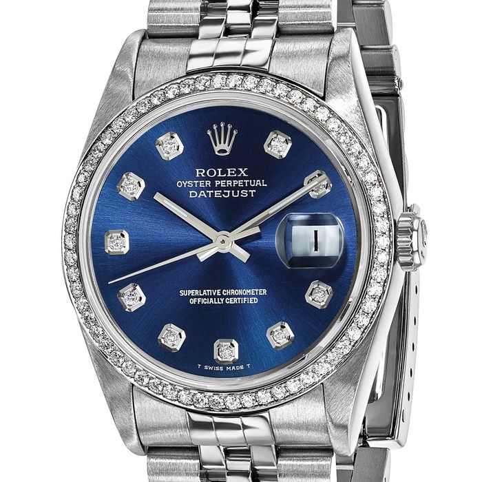 Pre Owned Rolex Steel 36mm Jubilee Datejust Blue Diamond Dial Watch