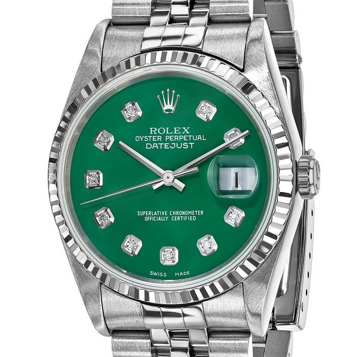 Pre Owned Rolex Steel 36mm Jubilee Datejust Green Diamond Dial 18K Fluted Watch