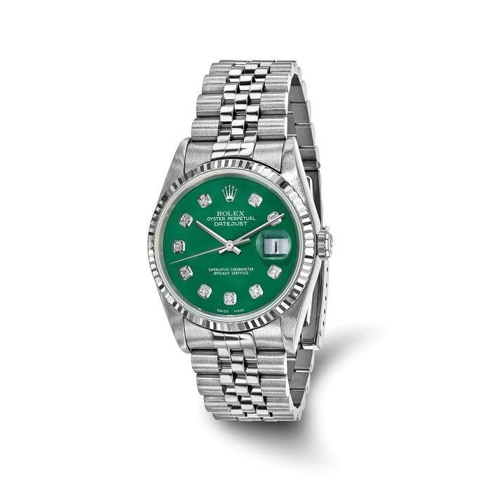 Pre Owned Rolex Steel 36mm Jubilee Datejust Green Diamond Dial 18K Fluted Watch