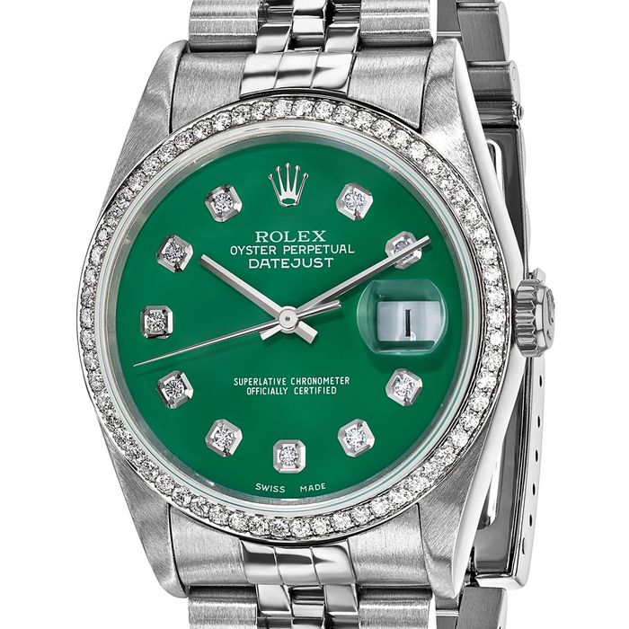 Pre Owned Rolex Steel 36mm Jubilee Datejust Green Diamond Dial Watch