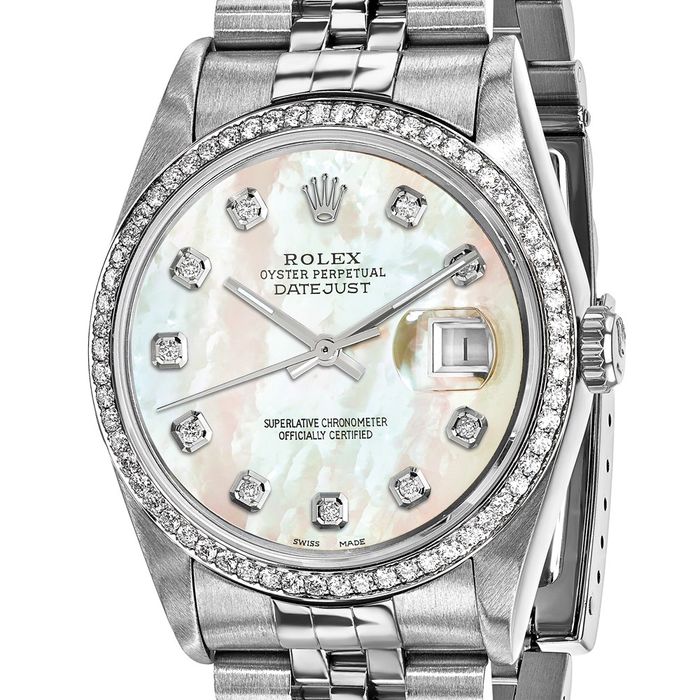 Pre Owned Rolex Steel 36mm Jubilee Datejust Mother of Pearl Diamond Dial Watch