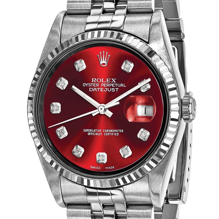 Pre Owned Rolex Steel 36mm Jubilee Datejust Red Diamond Dial 18K Fluted Watch