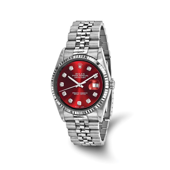 Pre Owned Rolex Steel 36mm Jubilee Datejust Red Diamond Dial 18K Fluted Watch