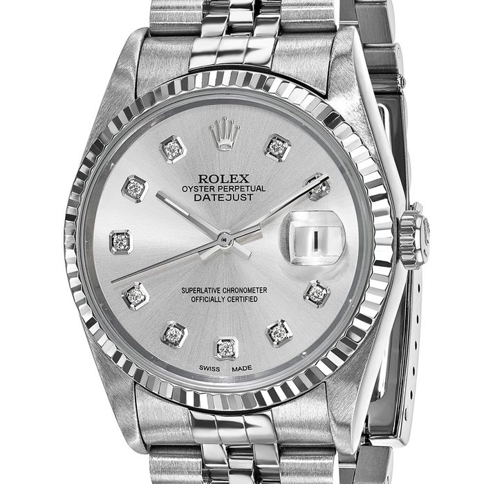 Pre Owned Rolex Steel 36mm Jubilee Datejust Silver Diamond Dial 18K Fluted Watch