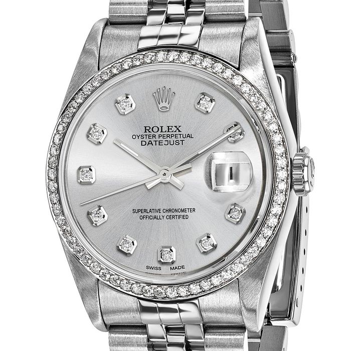 Pre Owned Rolex Steel 36mm Jubilee Datejust Silver Diamond Dial Watch