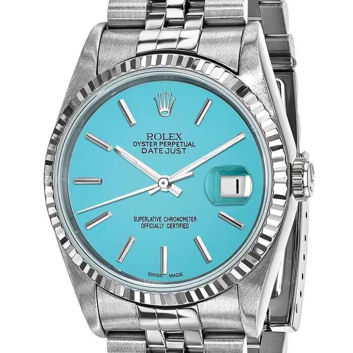 Pre Owned Rolex Steel 36mm Jubilee Datejust Teal Dial 18K Fluted Watch