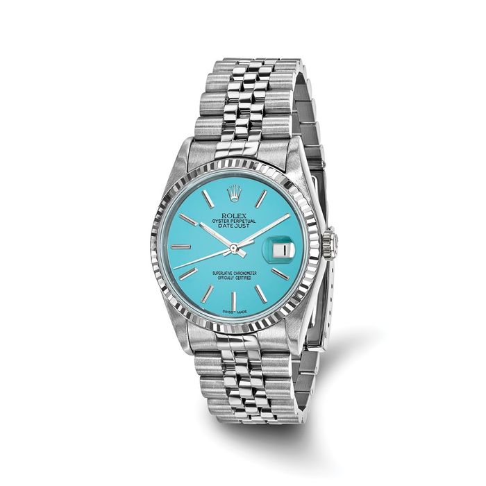 Pre Owned Rolex Steel 36mm Jubilee Datejust Teal Dial 18K Fluted Watch