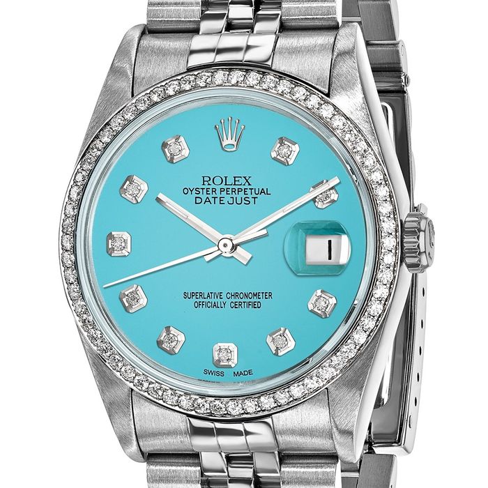 Pre Owned Rolex Steel 36mm Jubilee Datejust Teal Diamond Dial 18K Fluted Watch