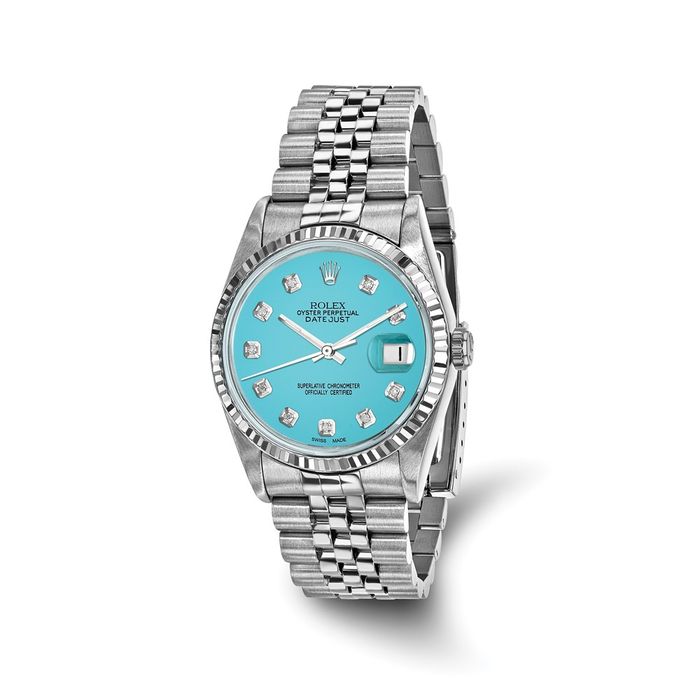 Pre Owned Rolex Steel 36mm Jubilee Datejust Teal Diamond Dial 18K Fluted Watch