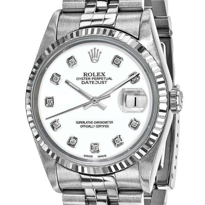 Pre Owned Rolex Steel 36mm Jubilee Datejust White Diamond Dial 18K Fluted Watch