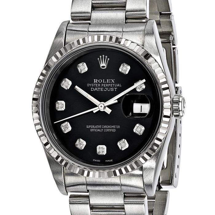 Pre Owned Rolex Steel 36mm Oyster Datejust Black Diamond Dial 18K Fluted Watch