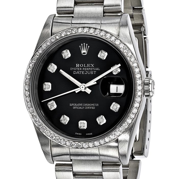 Pre Owned Rolex Steel 36mm Oyster Datejust Black Diamond Dial Watch