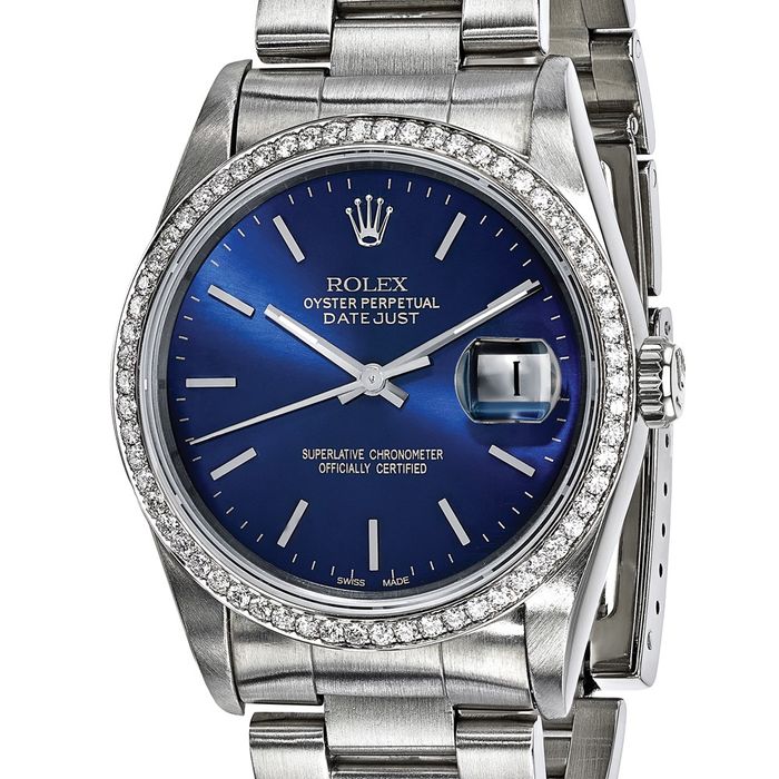 Pre Owned Rolex Steel 36mm Oyster Datejust Blue Dial Diamond Watch