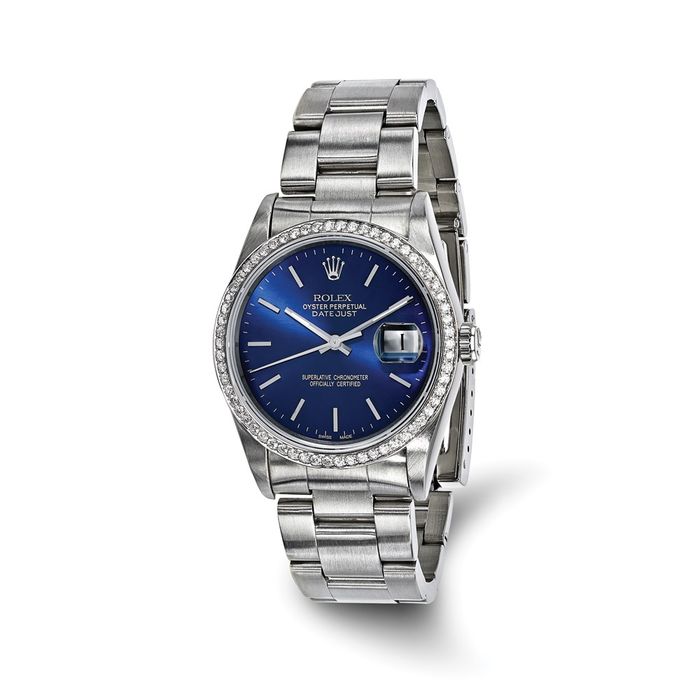 Pre Owned Rolex Steel 36mm Oyster Datejust Blue Dial Diamond Watch