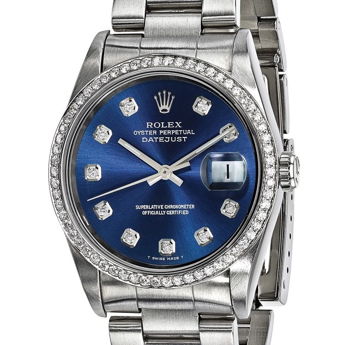 Pre Owned Rolex Steel 36mm Oyster Datejust Blue Diamond Dial Watch