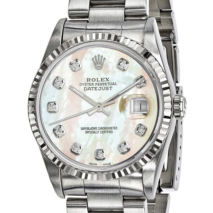 Pre Owned Rolex Steel 36mm Oyster Datejust Mother of Pearl Diamond Dial 18K Fluted Watch