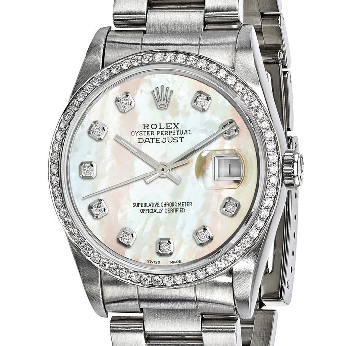 Pre Owned Rolex Steel 36mm Oyster Datejust Mother of Pearl Diamond Dial Watch