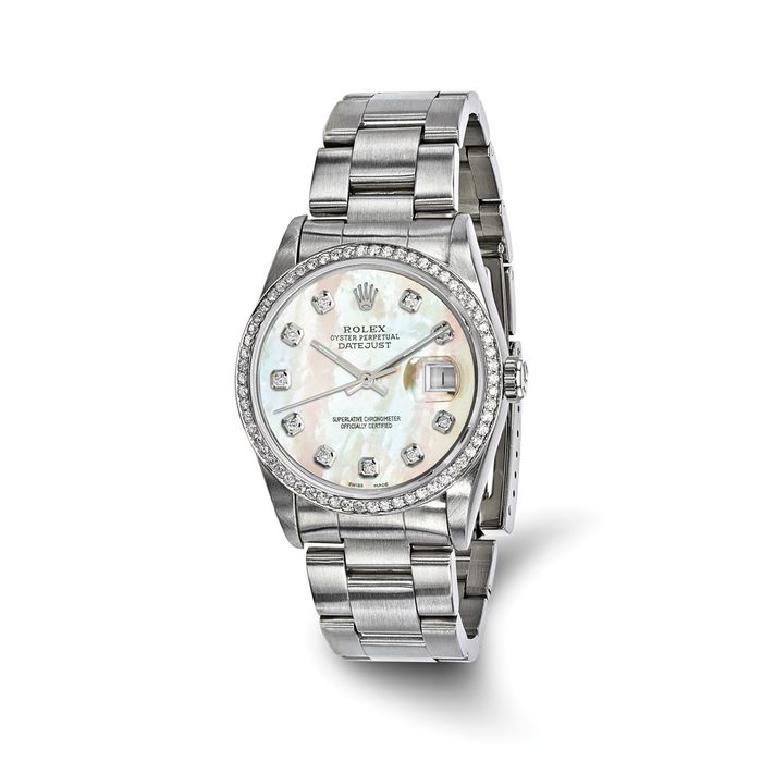 Pre Owned Rolex Steel 36mm Oyster Datejust Mother of Pearl Diamond Dial Watch