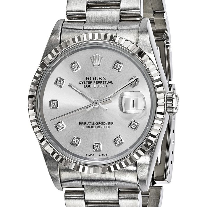 Pre Owned Rolex Steel 36mm Oyster Datejust Silver Diamond Dial 18K Fluted Watch