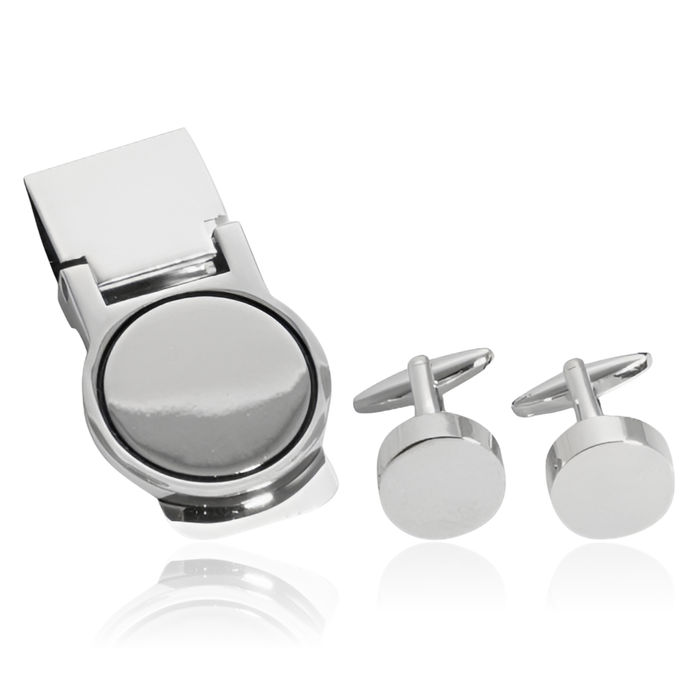 Silver Circular Engraved Personalized Cuff Link Money Clip for Men Set