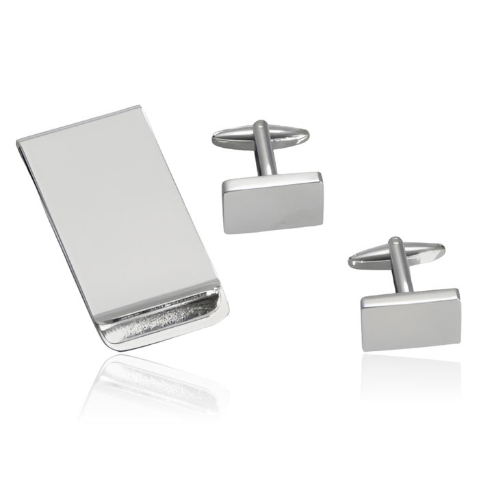 Silver Rectangular Engraved Personalized Cuff Link Money Clip for Men Set