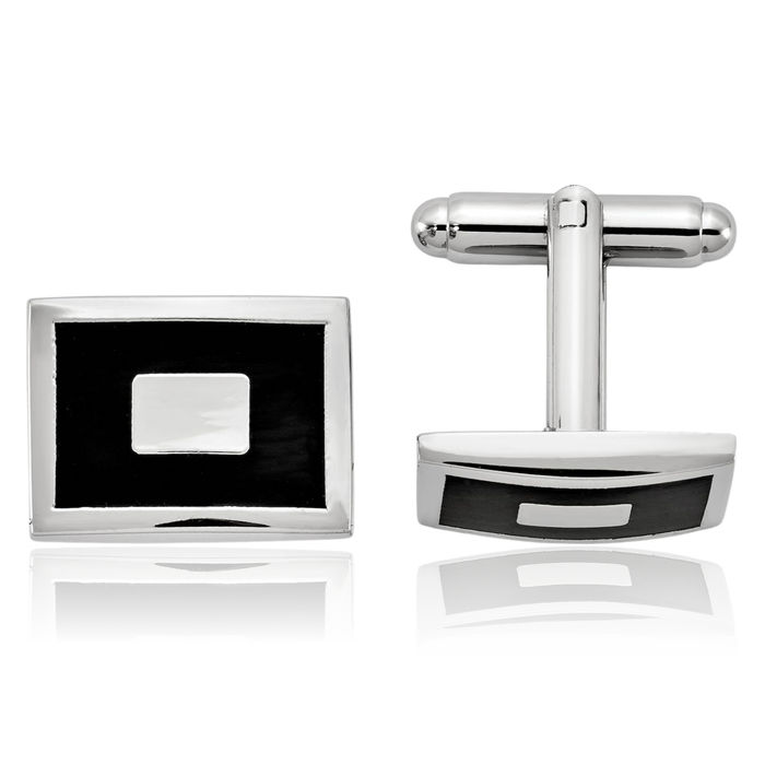 Silver Tone Black Rectangular Cuff Links