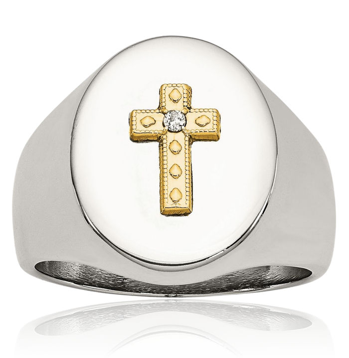 Stainless Steel 10K Gold Cross Diamond Wedding Band Ring