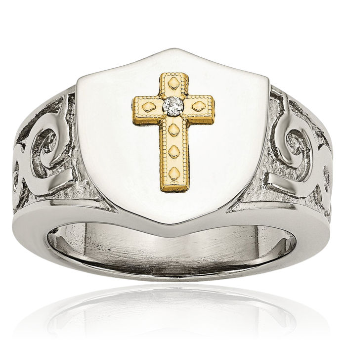 Stainless Steel 10K Gold Holy Cross Diamond Wedding Band Ring Christian Religious