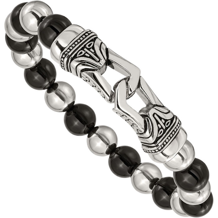 Stainless Steel Vintage 10mm Black Agate Beaded Ball Stretch Wrap Bracelet