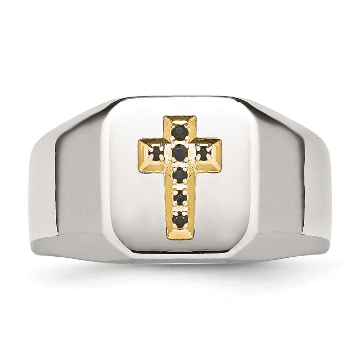 Stainless Steel 14K Gold Blue Sapphire Holy Cross Custom Engraved Signet Ring Handmade Personalized Monogram Initial Letter Band Christian Religious