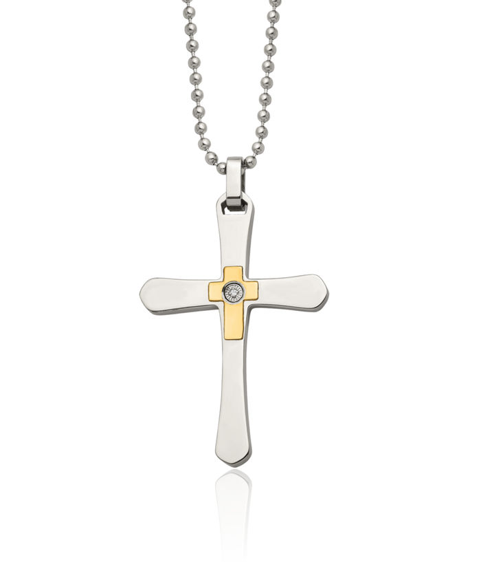 Stainless Steel 14K Gold 1/2pt Diamond Holy Cross Necklace Religious Pendant Jesus Christ Charm Ball Link Chain