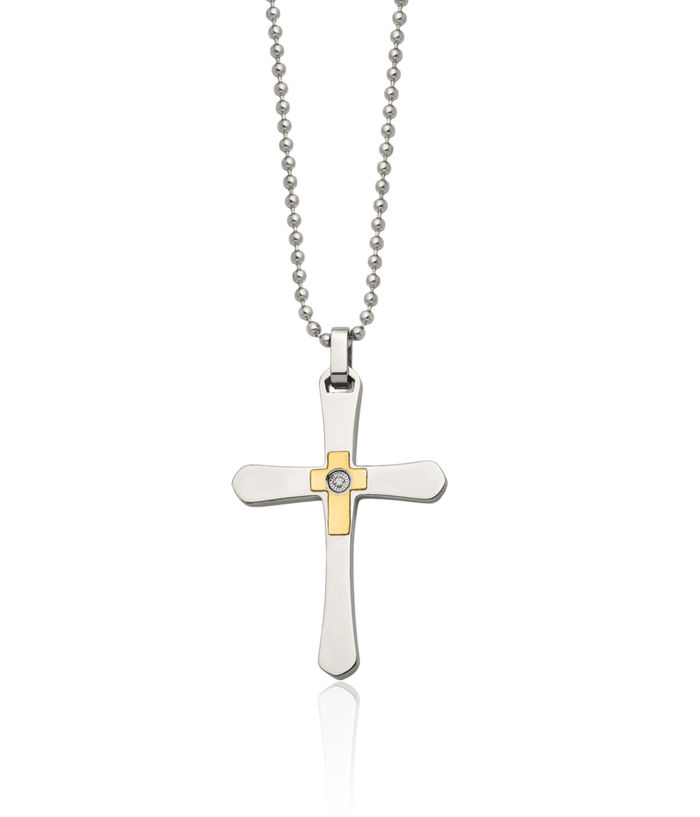 Stainless Steel 14K Gold 1/2pt Diamond Holy Cross Necklace Religious Pendant Jesus Christ Charm Ball Link Chain