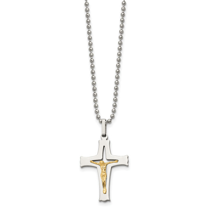 Stainless Steel 14K Gold Lord Jesus Christ Crucifix Holy Cross Necklace Religious Pendant Charm Ball Link Chain
