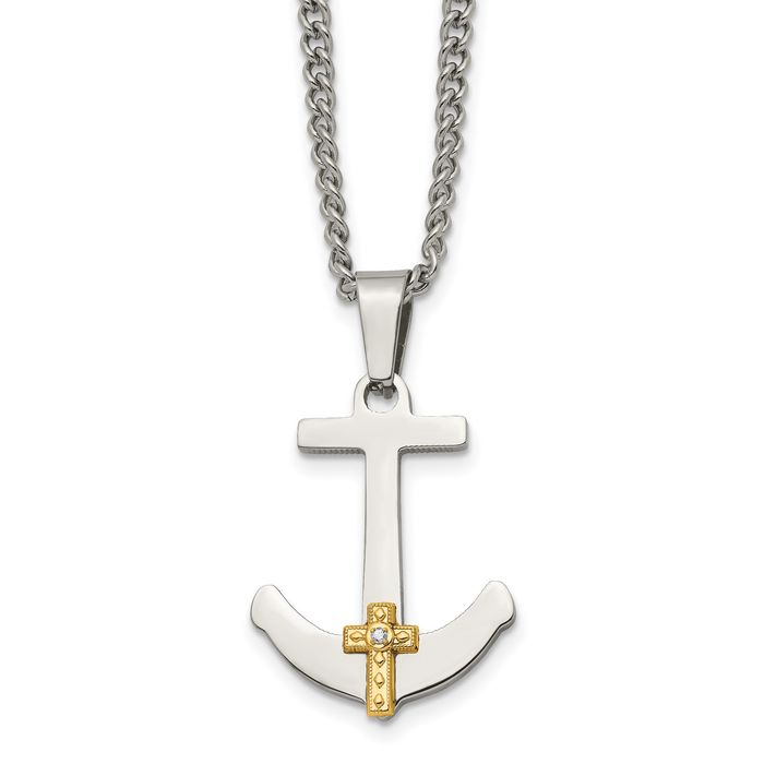 Stainless Steel 14K Gold Diamond Anchor Mariners Cross Necklace - Picture 10 of 12