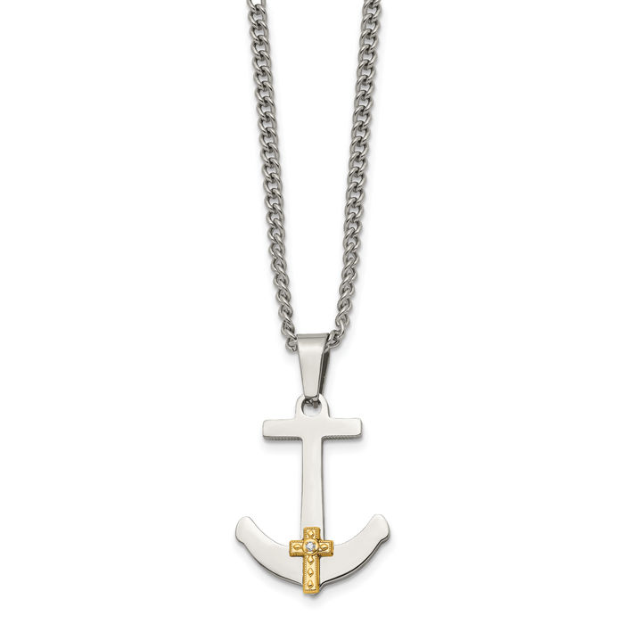 Stainless Steel 14K Gold Diamond Anchor Mariners Cross Necklace - Picture 11 of 12