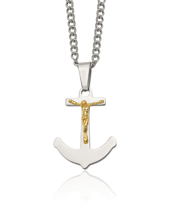 Stainless Steel 14K Gold Lord Jesus Christ Crucifix Holy Cross Anchor Mariner Necklace Religious Pendant Charm Curb Link Chain