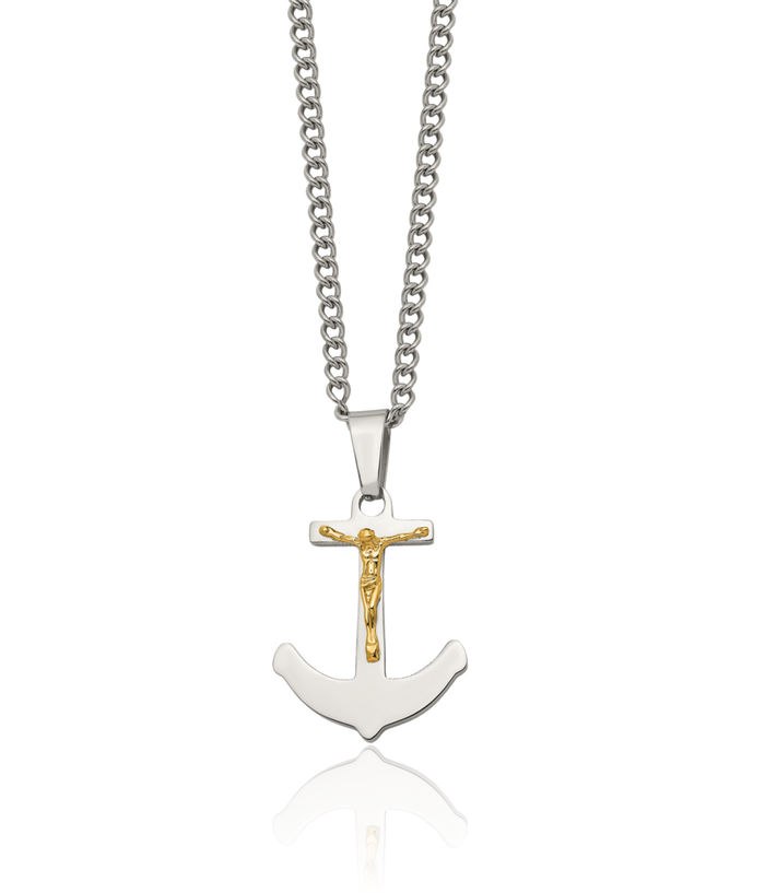 Stainless Steel 14K Gold Lord Jesus Christ Crucifix Holy Cross Anchor Mariner Necklace Religious Pendant Charm Curb Link Chain