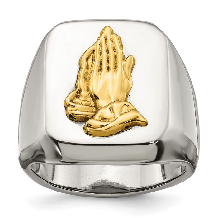 Stainless Steel 14K Gold Praying Hands Ring Band - Picture 11 of 18