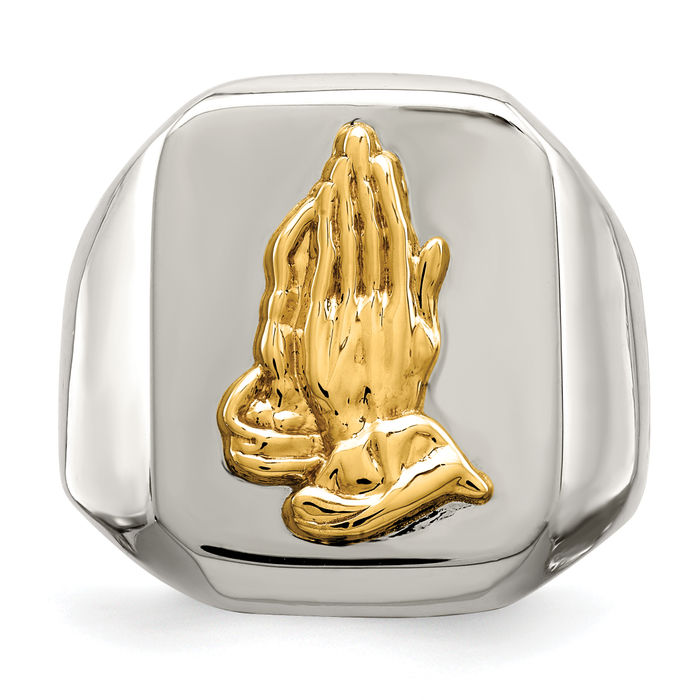 Stainless Steel 14K Gold Jesus Christ Praying Hands Lord Serenity Prayer Religious Ring Christian Faith Band