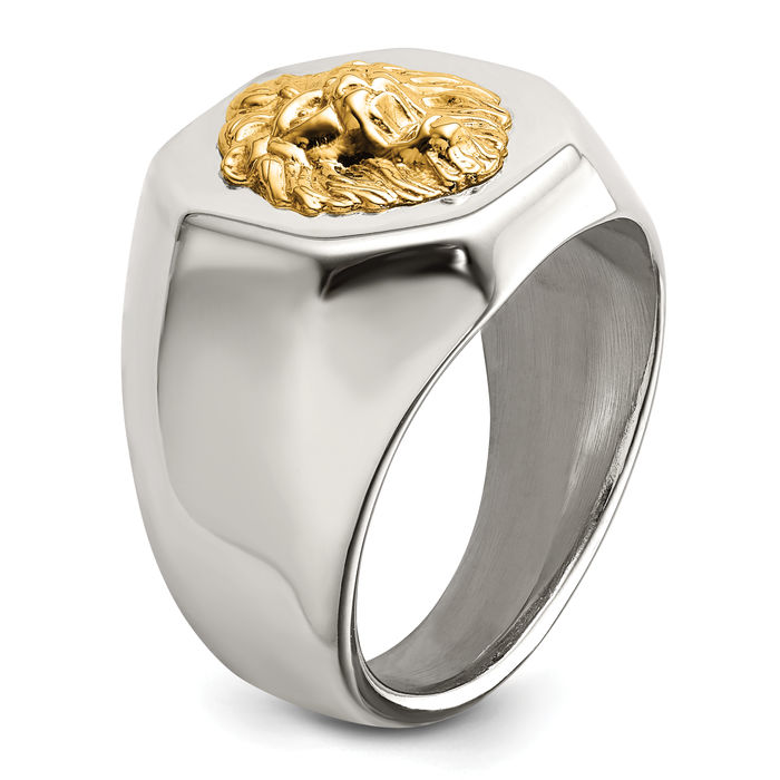 Stainless Steel 14K Gold Lion Head Ring