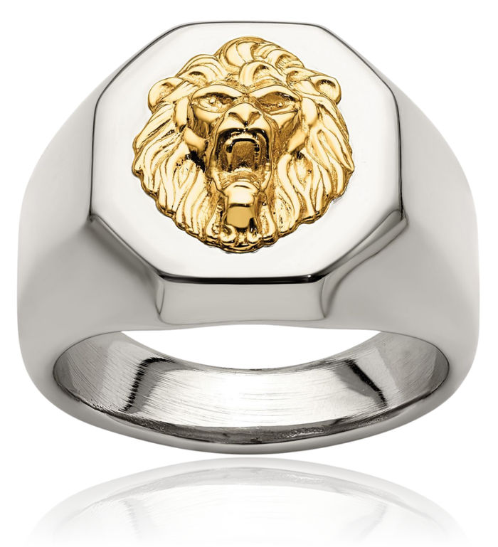Stainless Steel 14K Gold Lion Head Ring