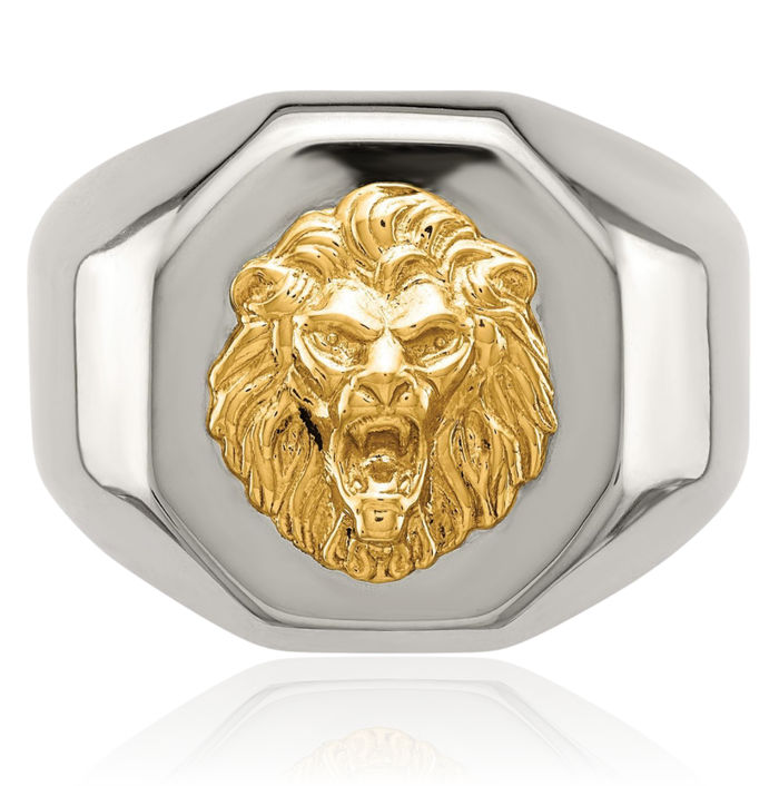 Stainless Steel 14K Gold Lion Head Ring