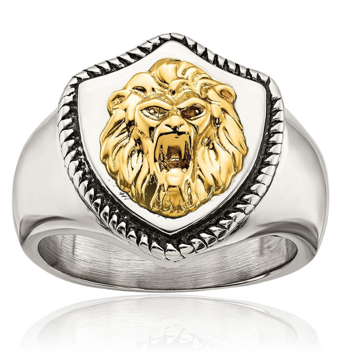 Stainless Steel 14K Gold Vintage Lion Head Shield Ring