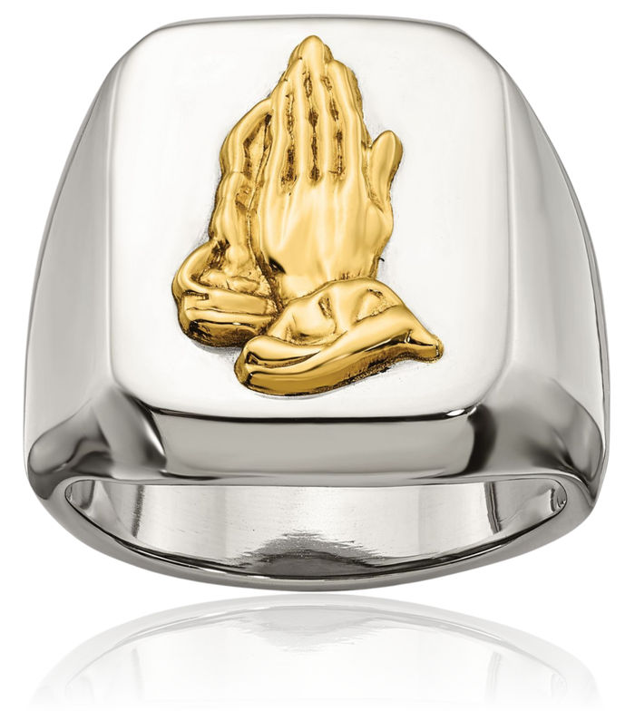 Stainless Steel 14K Gold Jesus Christ Praying Hands Lord Serenity Prayer Religious Ring Christian Faith Band
